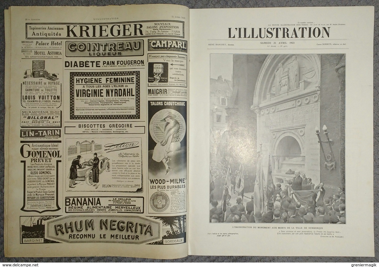 L'Illustration 4181 21 avril 1923 Poincaré à Dunkerque/Rugby France-Irlande/Maroc/Lucien Jonas/Bilma/Bashkirtseff Marie