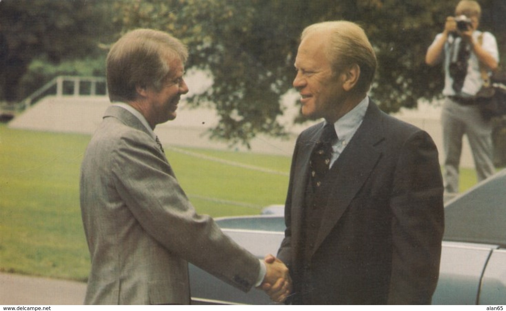 US President Jimmy Carter With Gerald Ford After Discussing Panama Canal Treaty, C1980s Vintage Postcard - Events