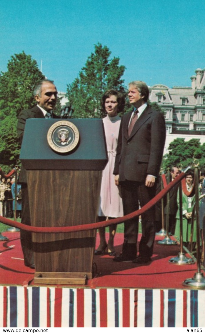 Jordan King Hussein & US President Jimmy Carter Meet April 1977, C1980s Vintage Postcard - People