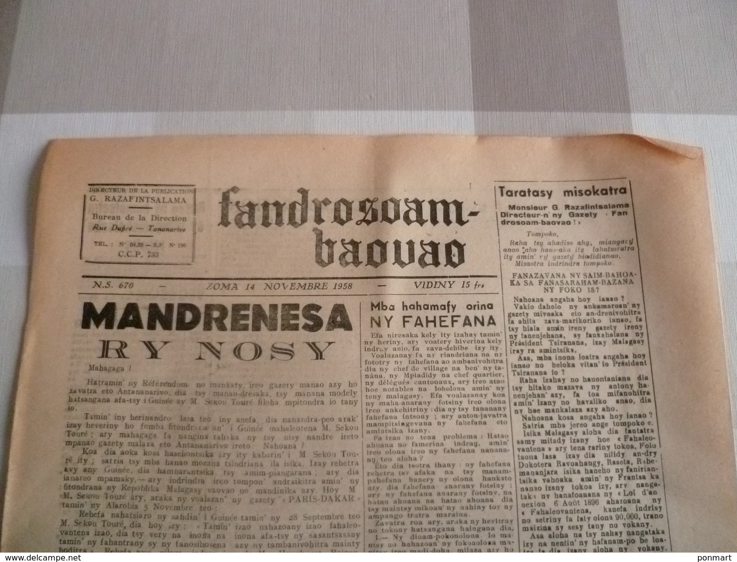 Journal De Madagascar 1958 : Fandrosoam Baouao - Revues & Journaux