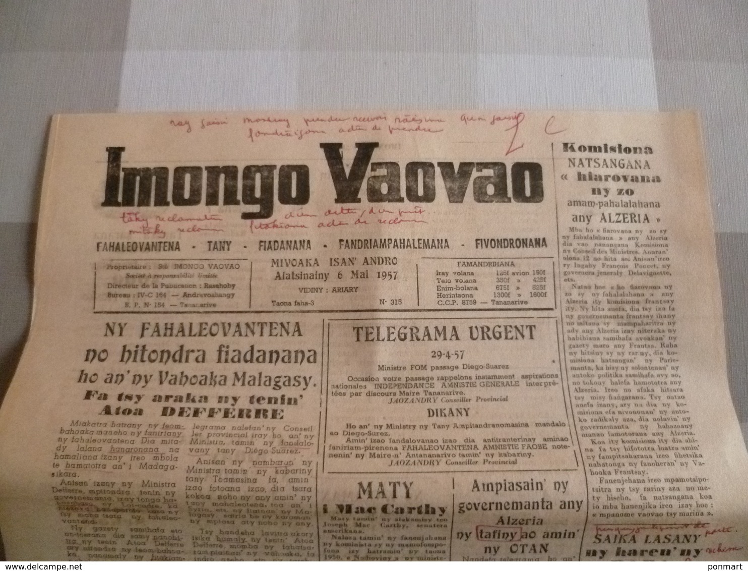 3 Feuilles 3 Journaux De Madagascar 1958 : - Revues & Journaux