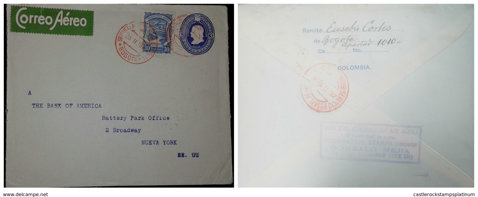 O) 1924 COLOMBIA, STAMP THROUGE- SCADTA -PLANE OVER MAGDALENA RIVER 30c, POSTAL STATIONERY COLON 3c Blue-CONGRESO PANAME - Colombia