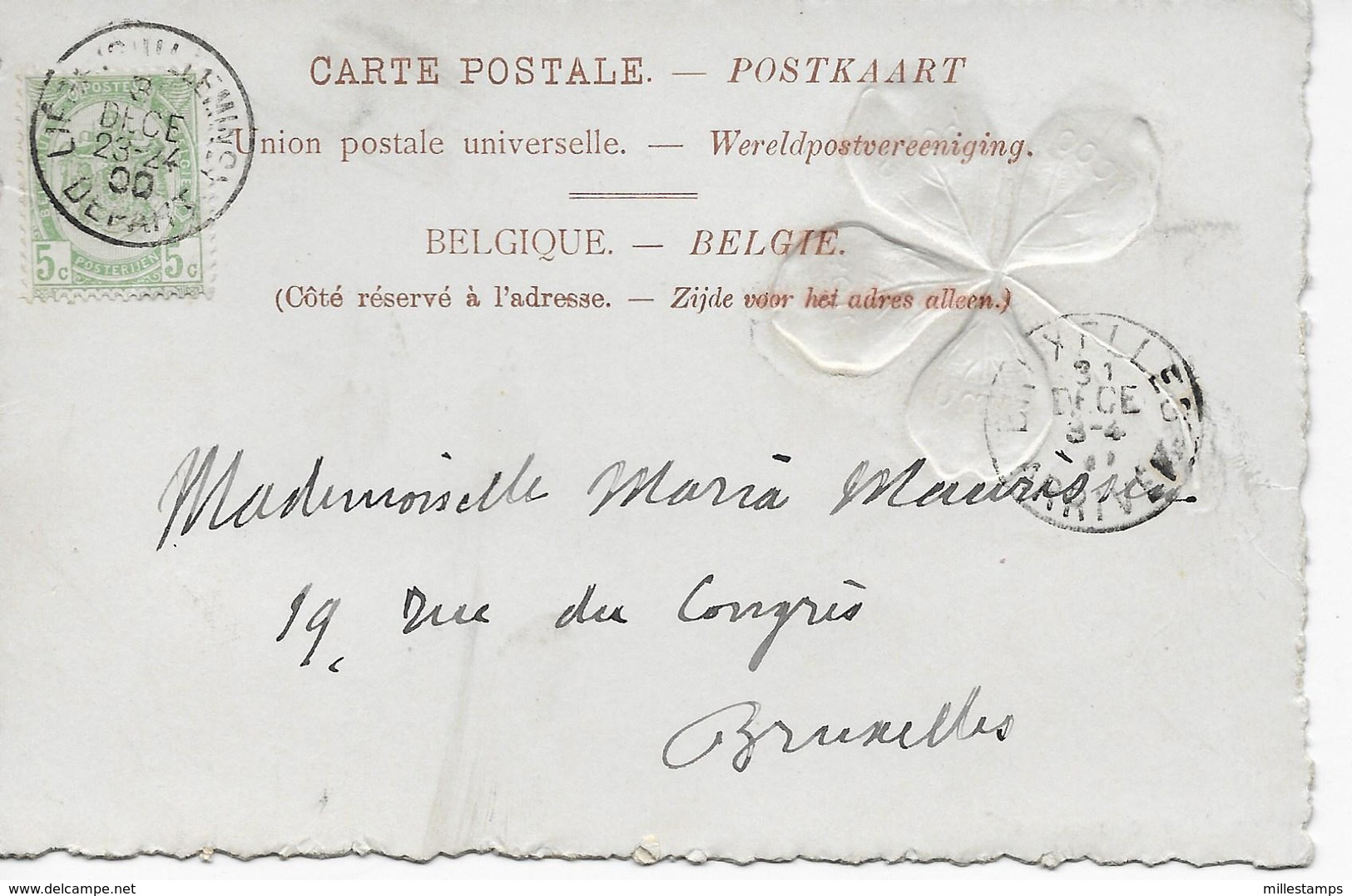 1 CPA  Bonne Année 1900 Trèfle à 4 Feuilles Un Mot écrit En Doré Sur Chaque Feuille - Relief - 1000 / Bons / Sou / Haits - Neujahr