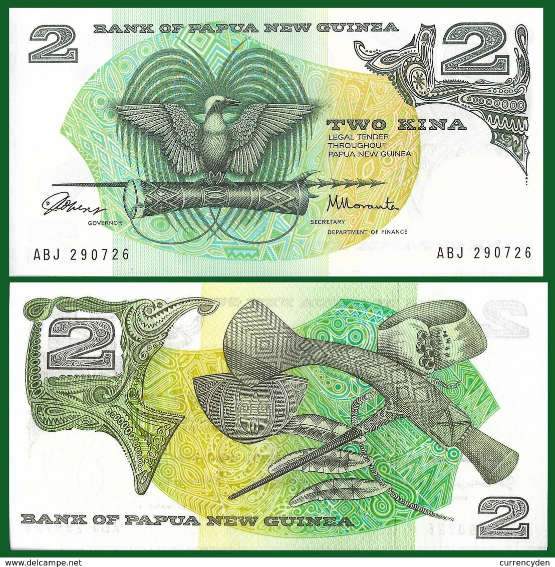 Papua New Guinea P1a, 2 Kina, Bird Of Paradise, Drum, Spear $17+ CatVal 1981 UNC - Papua New Guinea