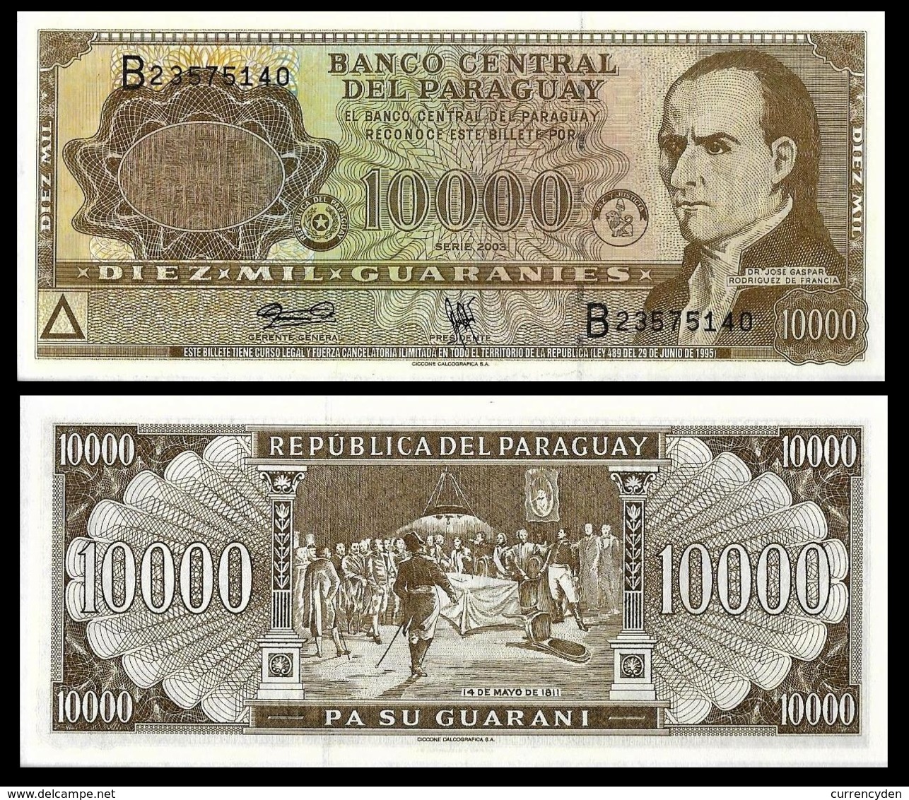 Paraguay P216b, 10,000 Guaranis, Dr. José Francia / Decl Of Indep UNC $20 CV! - Paraguay