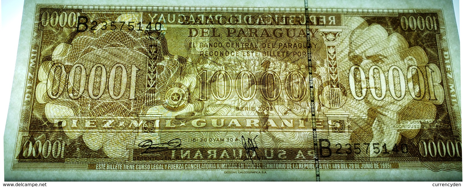 Paraguay P216b, 10,000 Guaranis, Dr. José Francia / Decl Of Indep UNC $20 CV! - Paraguay