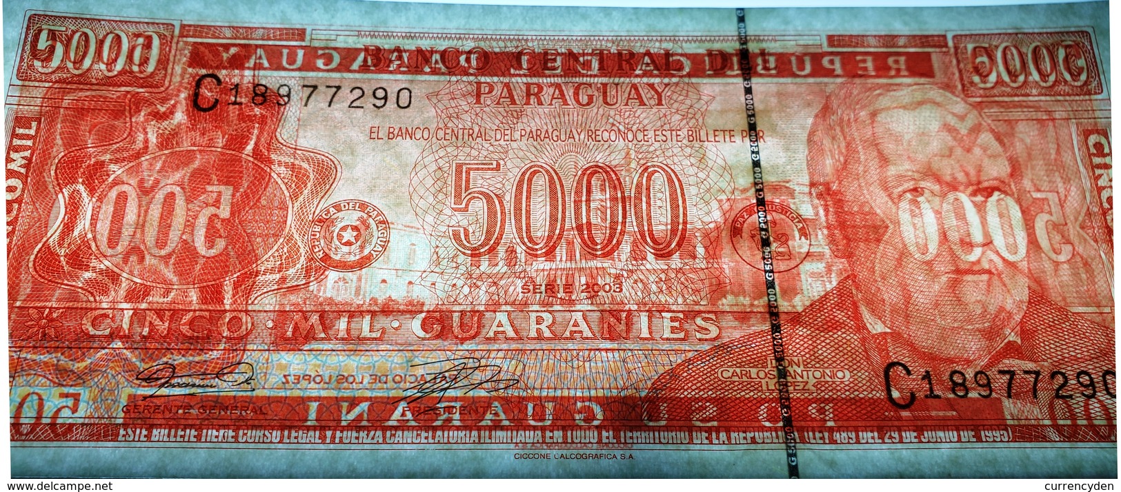 Paraguay P220, 10,000 Guaranis, Don Carlos Antonio López / Palace UNC $10 Cat Val - Paraguay