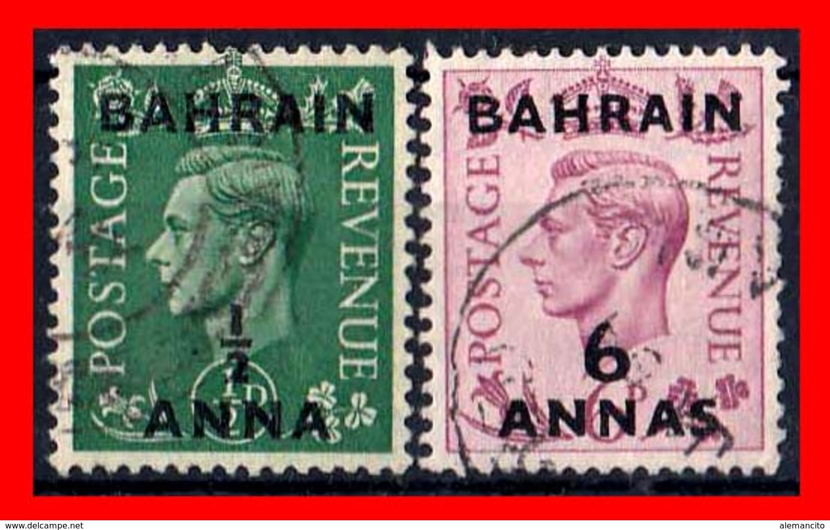 BAHRAIN ( ASIA ) 2 STAMPS 1950 SELLOS DE GRAN BRETAÑA SOBRECARGADOS. UNO DE ½ ANNA Y OTRO DE 6 ANNAS - Bahrain (1965-...)