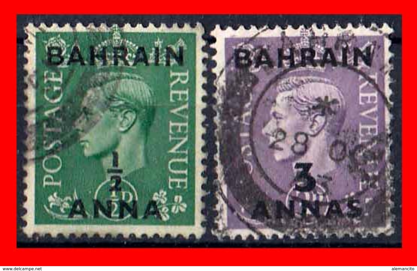 BAHRAIN ( ASIA ) 2 STAMPS 1950 SELLOS DE GRAN BRETAÑA SOBRECARGADOS. UNO DE ½ ANNA Y OTRO DE 3 ANNAS - Bahrain (1965-...)