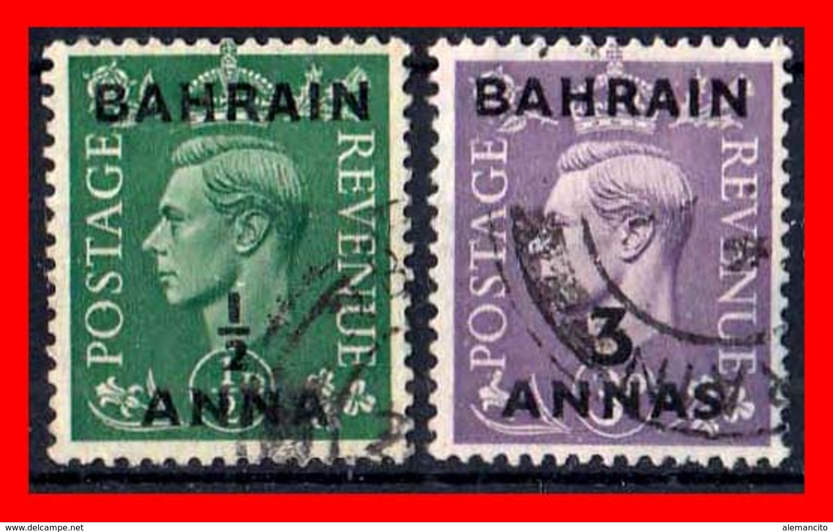 BAHRAIN ( ASIA ) 2 STAMPS 1950 SELLOS DE GRAN BRETAÑA SOBRECARGADOS. UNO DE ½ ANNA Y OTRO DE 3 ANNAS - Bahrain (1965-...)