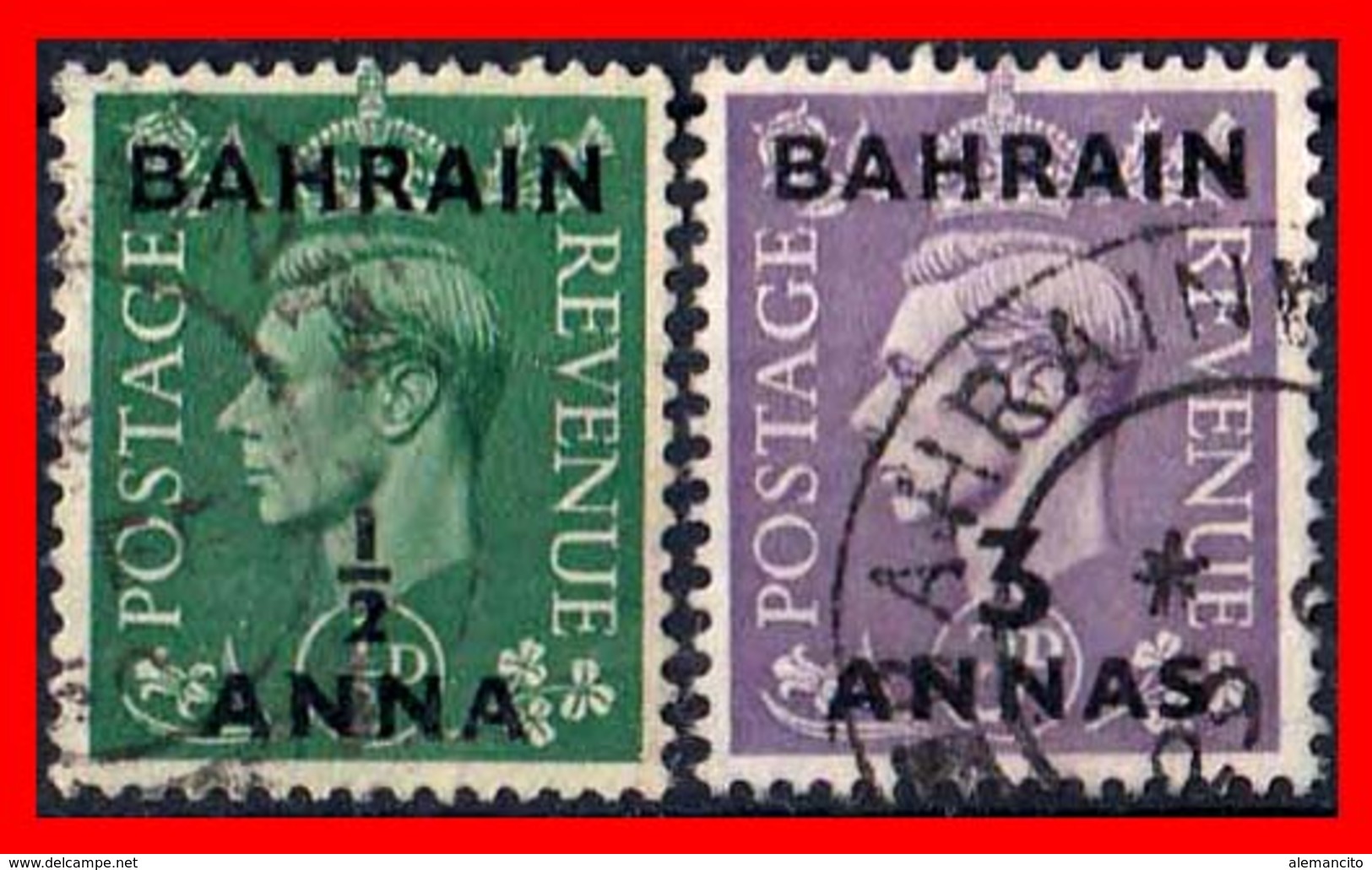 BAHRAIN ( ASIA ) 2 STAMPS 1950 SELLOS DE GRAN BRETAÑA SOBRECARGADOS. UNO DE ½ ANNA Y OTRO DE 3 ANNAS - Bahrain (1965-...)