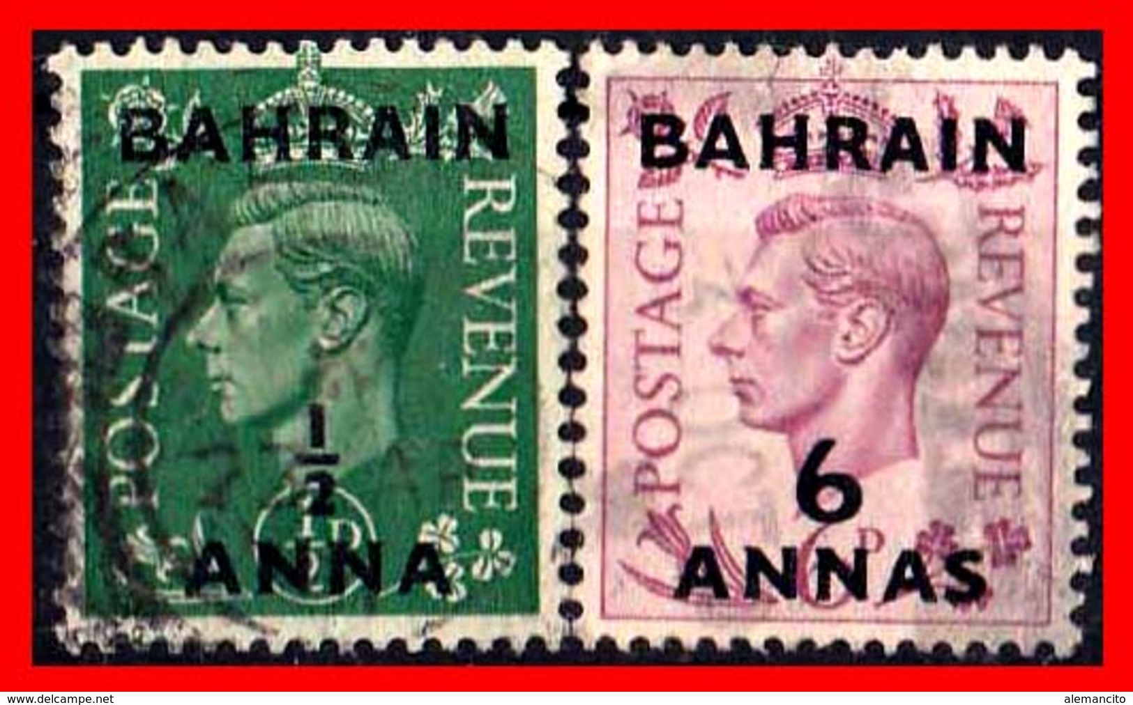 BAHRAIN ( ASIA ) 2 STAMPS 1950 SELLOS DE GRAN BRETAÑA SOBRECARGADOS. UNO DE ½ ANNA Y OTRO DE 6 ANNAS - Bahrain (1965-...)