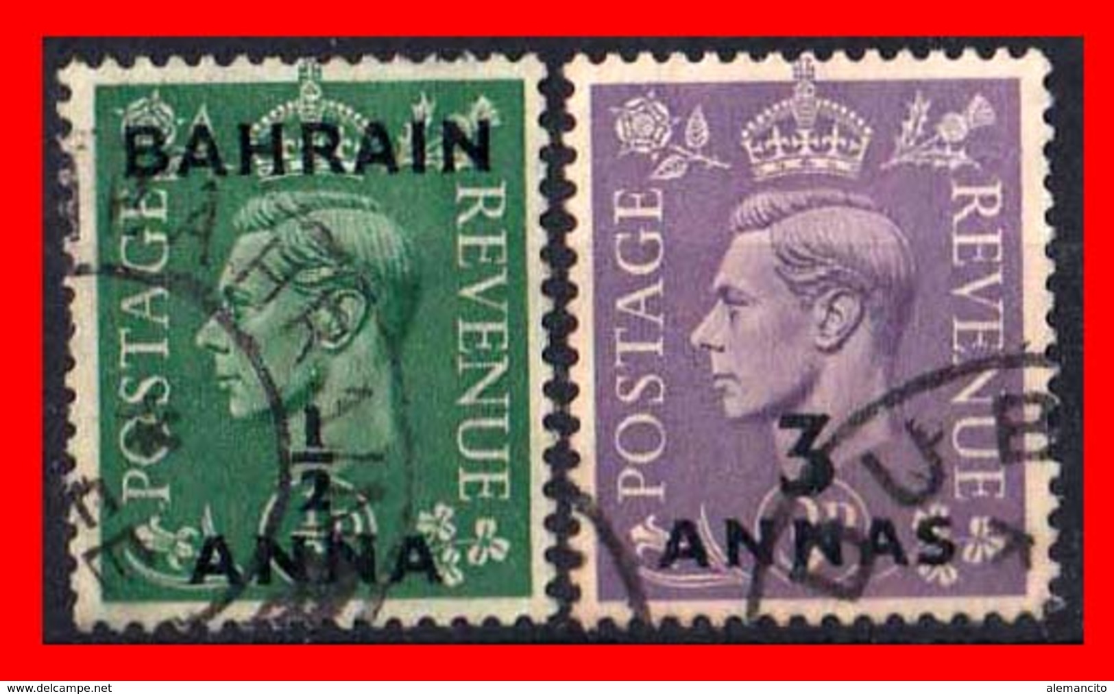 BAHRAIN ( ASIA ) 2 STAMPS 1950 SELLOS DE GRAN BRETAÑA SOBRECARGADOS. UNO DE ½ ANNA Y OTRO DE 3 ANNAS - Bahrain (1965-...)