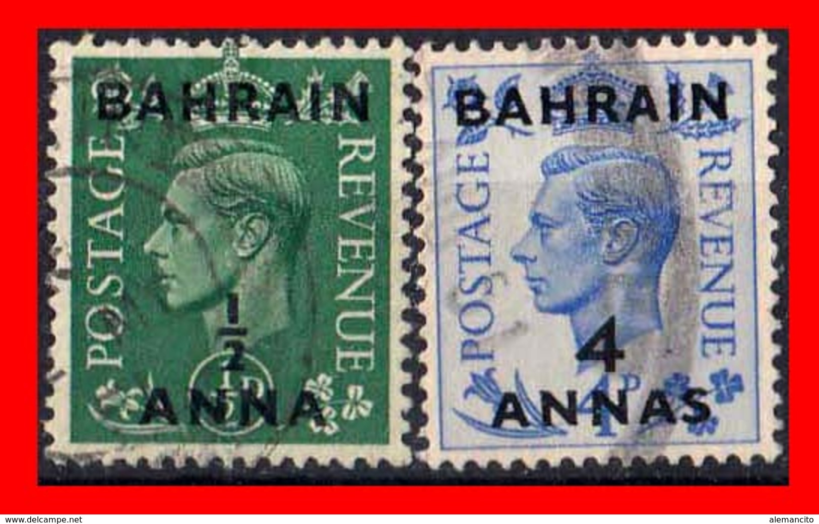 BAHRAIN ( ASIA ) 2 STAMPS 1950 SELLOS DE GRAN BRETAÑA SOBRECARGADOS. UNO DE ½ ANNA Y OTRO DE 4 ANNAS - Bahrain (1965-...)