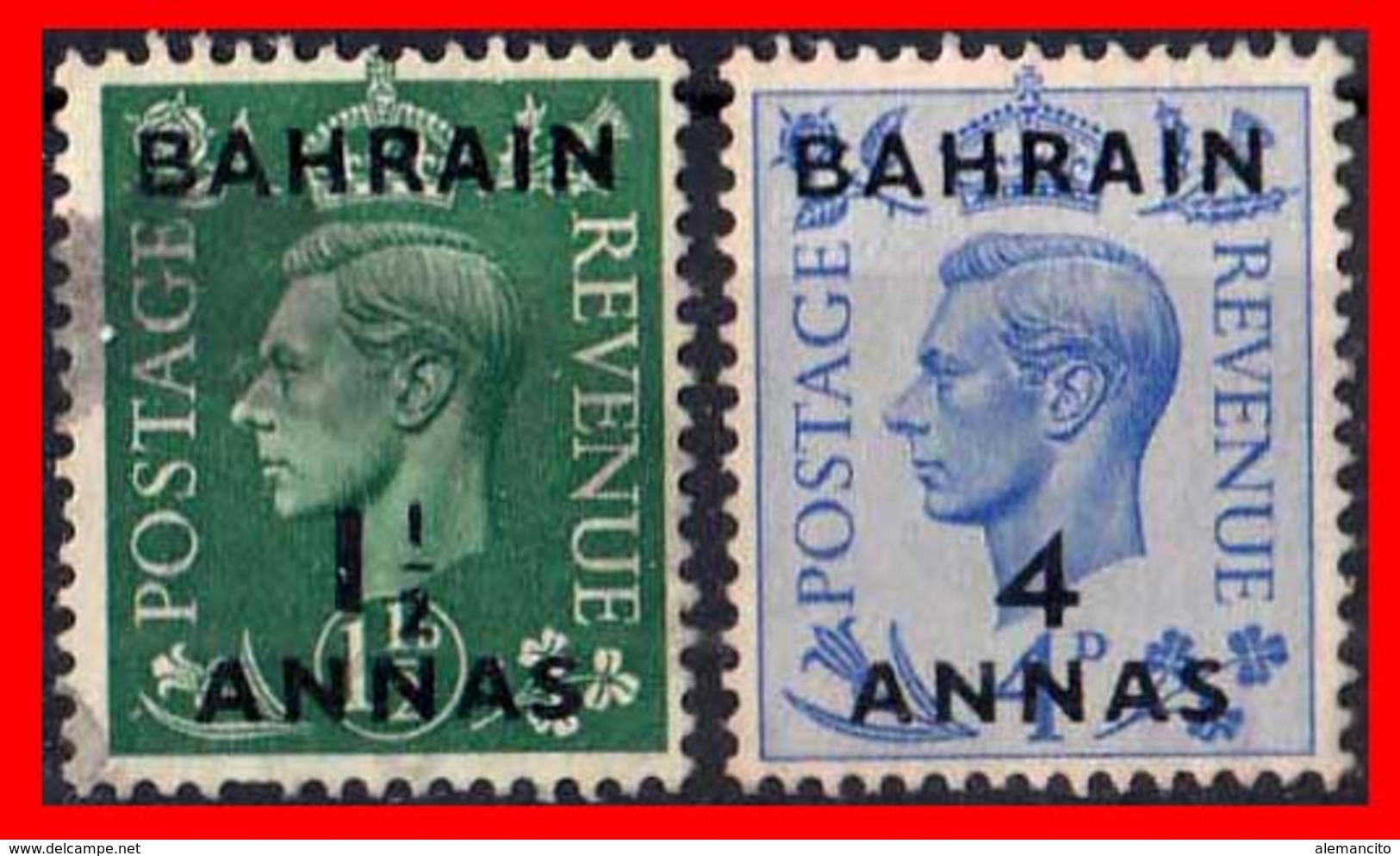 BAHRAIN ( ASIA ) 2 STAMPS 1950 SELLOS DE GRAN BRETAÑA SOBRECARGADOS. UNO DE ½ ANNA Y OTRO DE 4 ANNAS - Bahrain (1965-...)