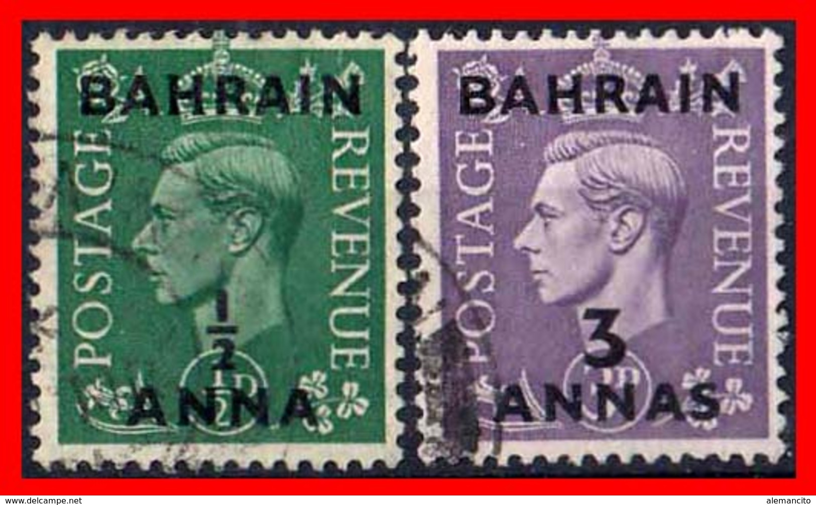 BAHRAIN ( ASIA ) 2 STAMPS 1950 SELLOS DE GRAN BRETAÑA SOBRECARGADOS. UNO DE ½ ANNA Y OTRO DE 3 ANNAS - Bahrain (1965-...)