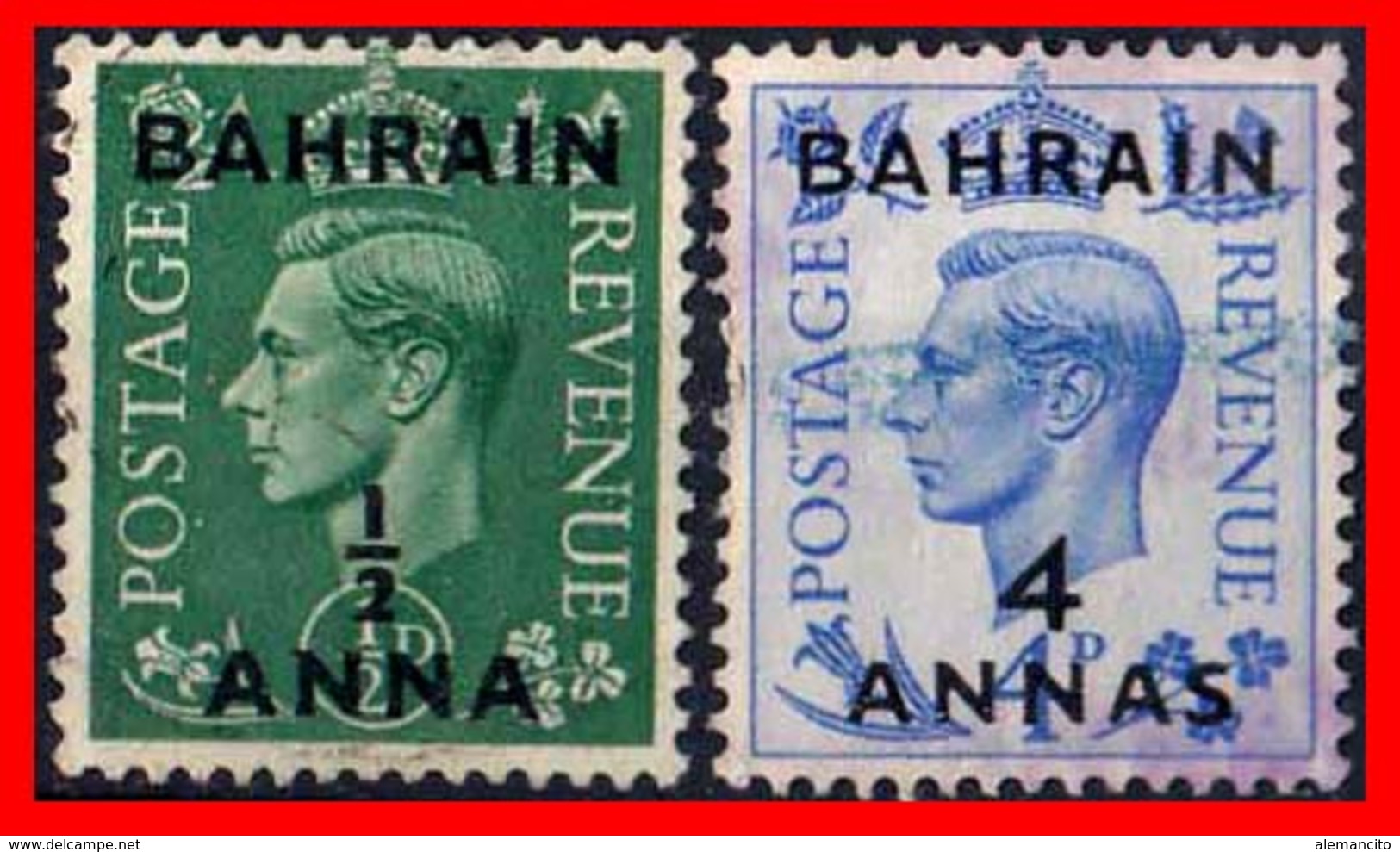 BAHRAIN ( ASIA ) 2 STAMPS 1950 SELLOS DE GRAN BRETAÑA SOBRECARGADOS. UNO DE ½ ANNA Y OTRO DE 4 ANNAS - Bahrain (1965-...)