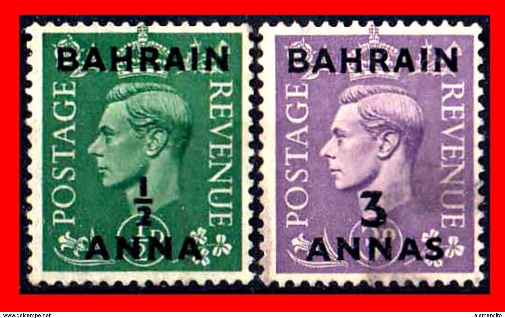 BAHRAIN ( ASIA ) 2 STAMPS 1950 SELLOS DE GRAN BRETAÑA SOBRECARGADOS. UNO DE ½ ANNA Y OTRO DE 3 ANNAS - Bahrain (1965-...)