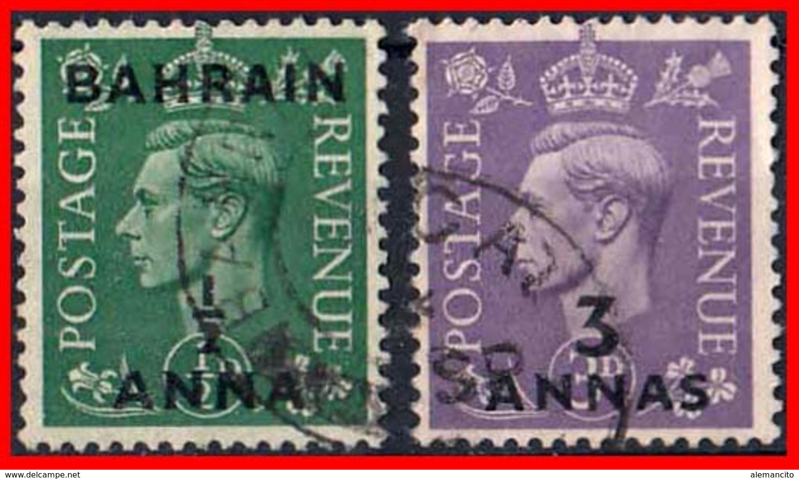 BAHRAIN ( ASIA ) 2 STAMPS 1950 SELLOS DE GRAN BRETAÑA SOBRECARGADOS. UNO DE ½ ANNA Y OTRO DE 3 ANNAS - Bahreïn (1965-...)