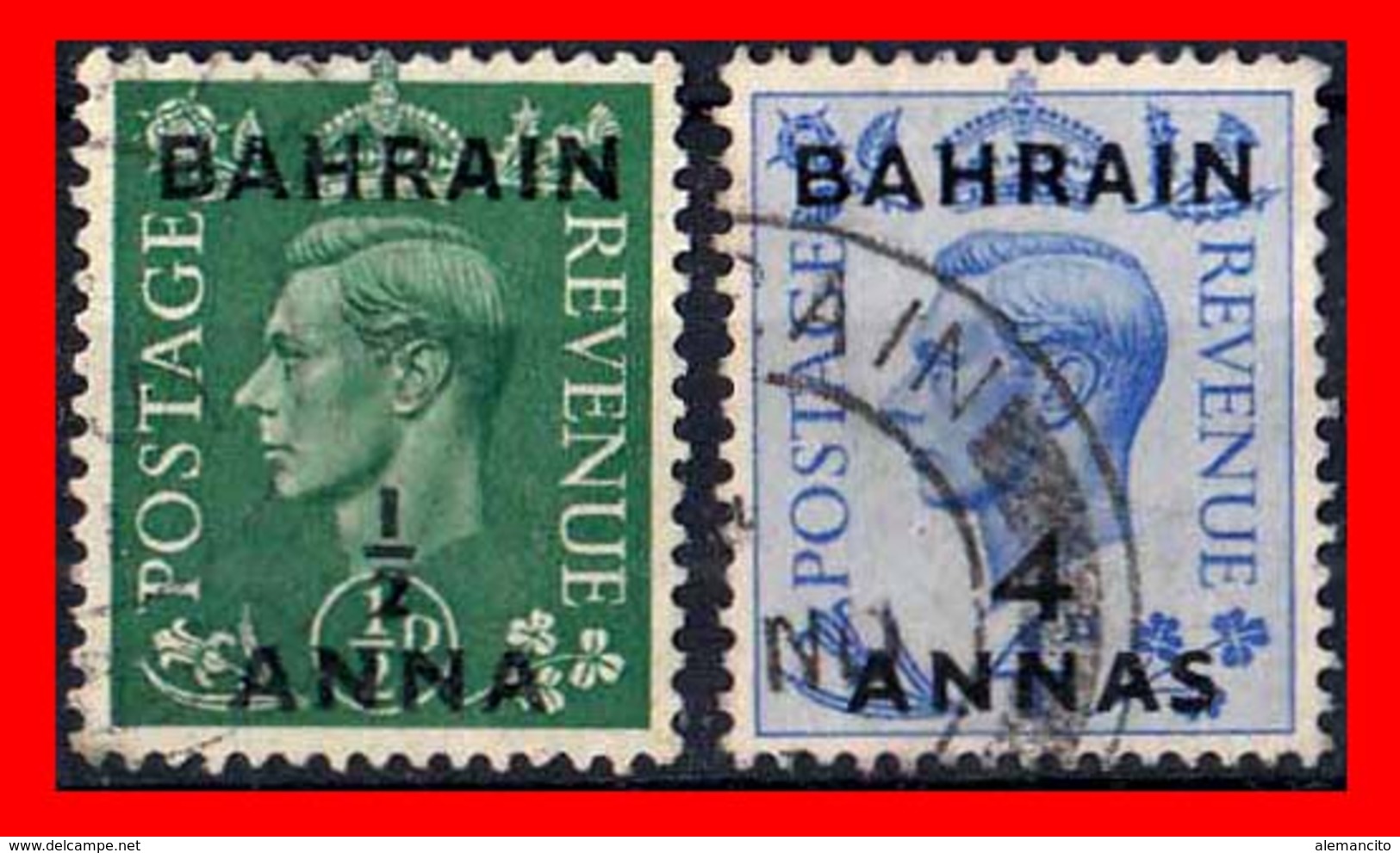 BAHRAIN ( ASIA ) 2 STAMPS 1950 SELLOS DE GRAN BRETAÑA SOBRECARGADOS. UNO DE ½ ANNA Y OTRO DE 4 ANNAS - Bahrain (1965-...)