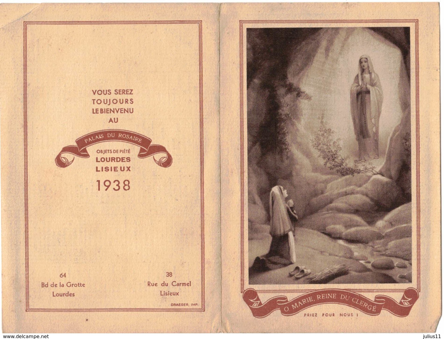 IMAGE PIEUSE RELIGIEUSE HOLY CARD Calendrier Almanach Religieux 1938 Lisieux Lourdes O Marie Reine Du Clergé - Petit Format : 1921-40