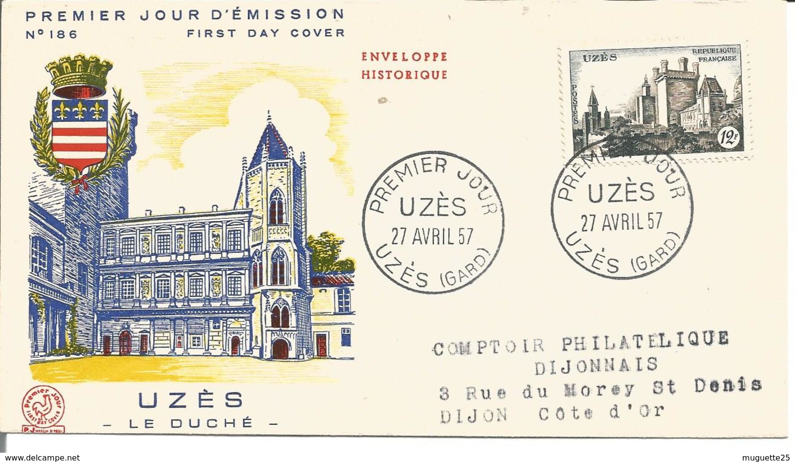 Enveloppe 1° Jour UZES 27 Avril 1957 Avec Timbre Au Dos - 1950-1959