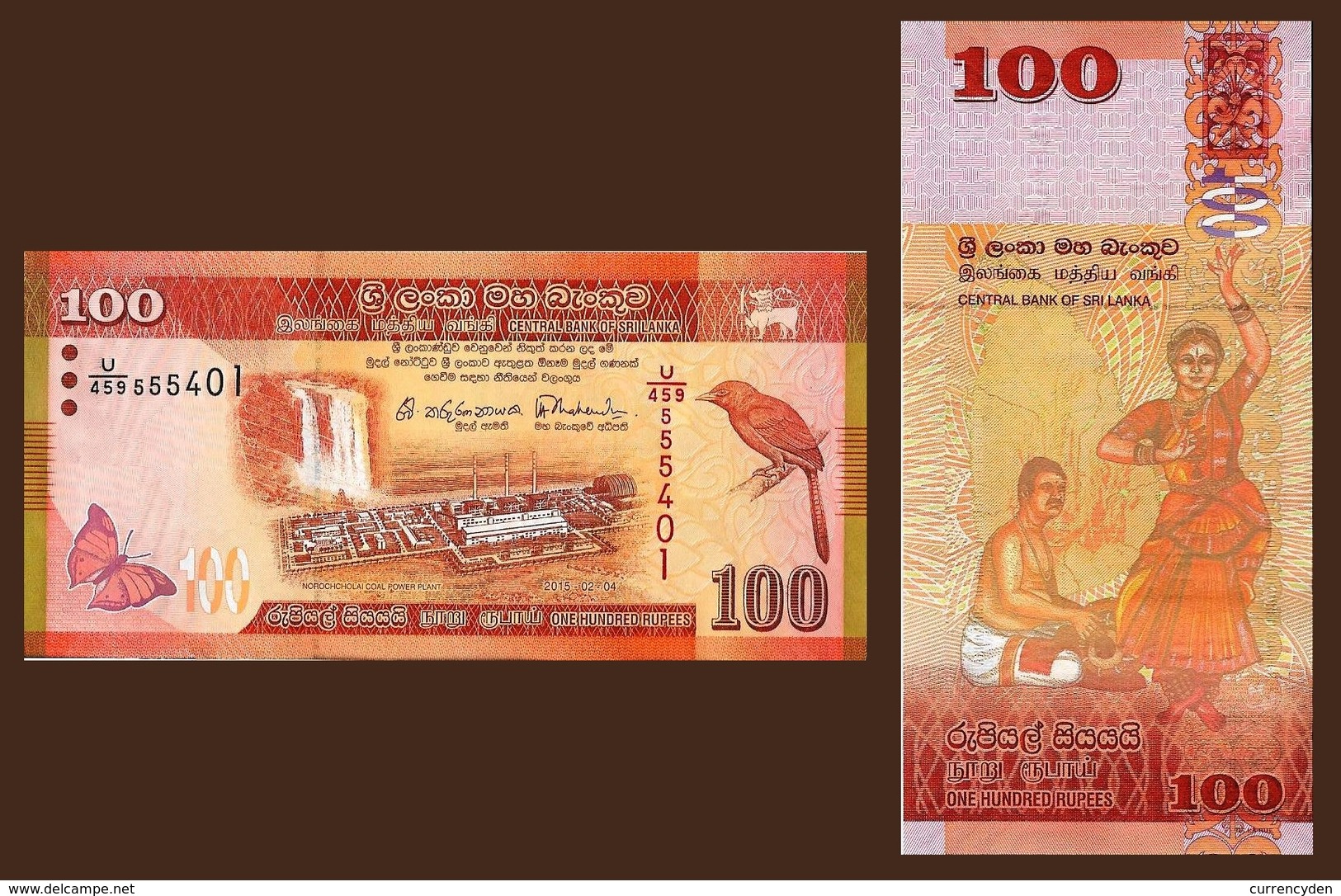 Sri Lanka P125 100 Rupee, Coal, Waterfall, Bird, Butterfly / Dancer, Drummer UNC - Sri Lanka