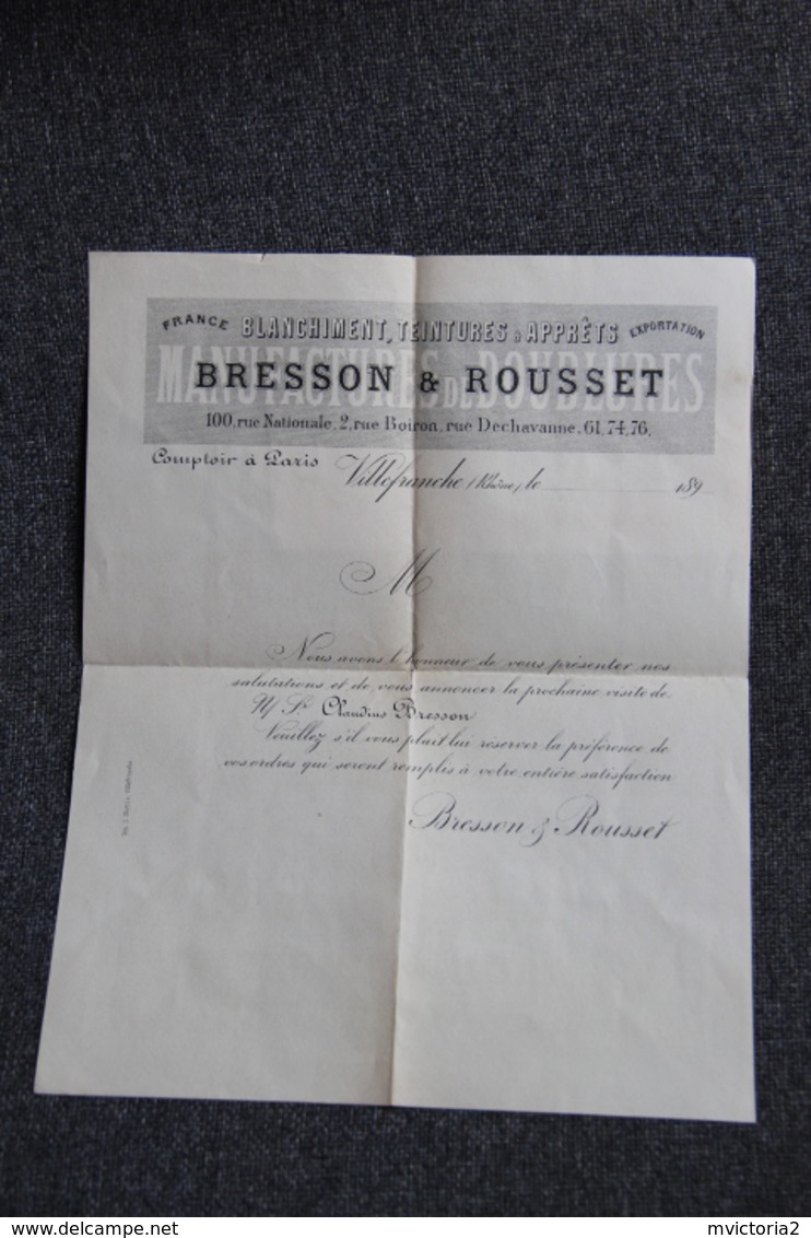 Lettre Commerciale - VILLEFRANCHE (69) : BRESSON Et ROUSSET, Blanchiment, Teintures Et Apprêts. - 1800 – 1899