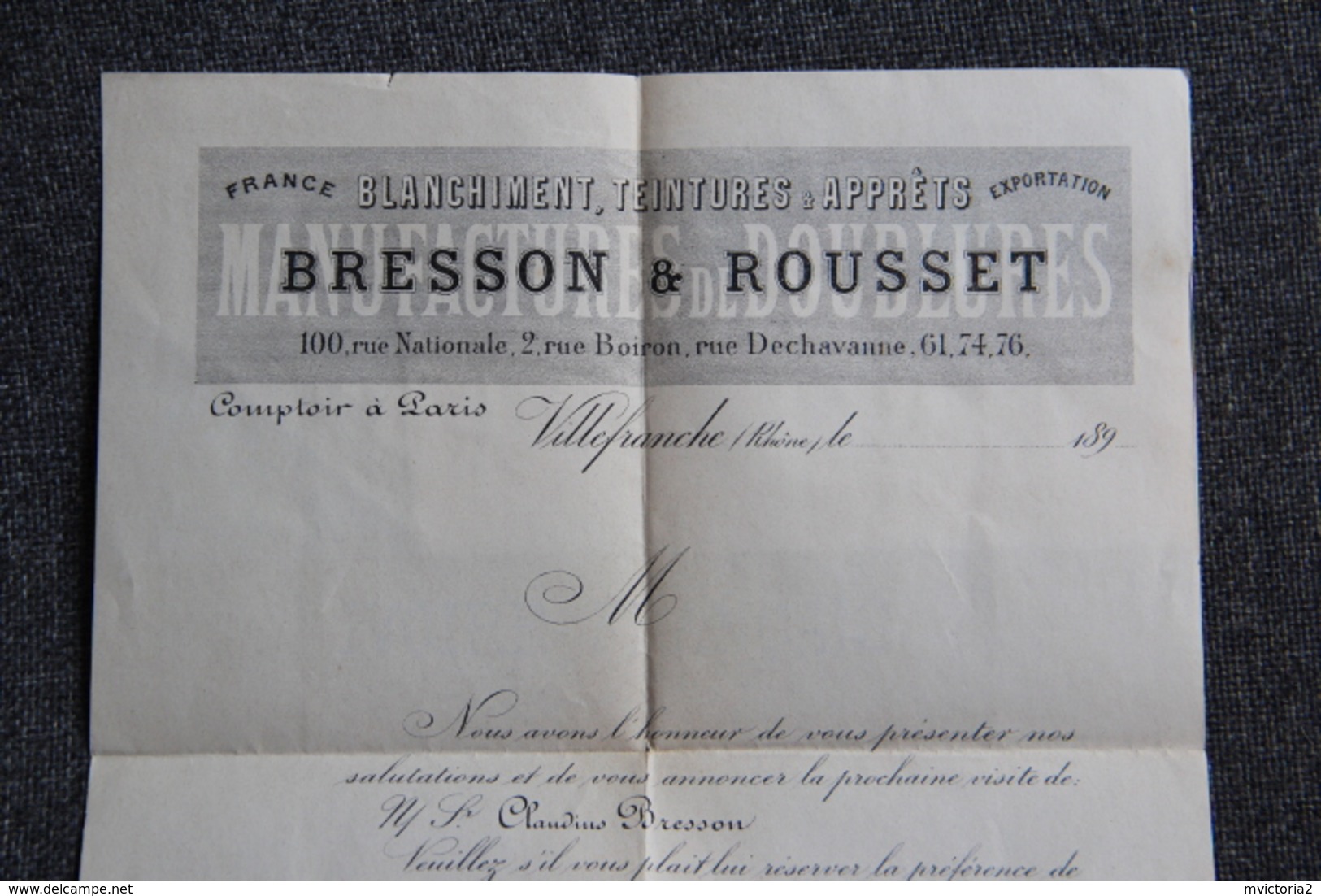 Lettre Commerciale - VILLEFRANCHE (69) : BRESSON Et ROUSSET, Blanchiment, Teintures Et Apprêts. - 1800 – 1899