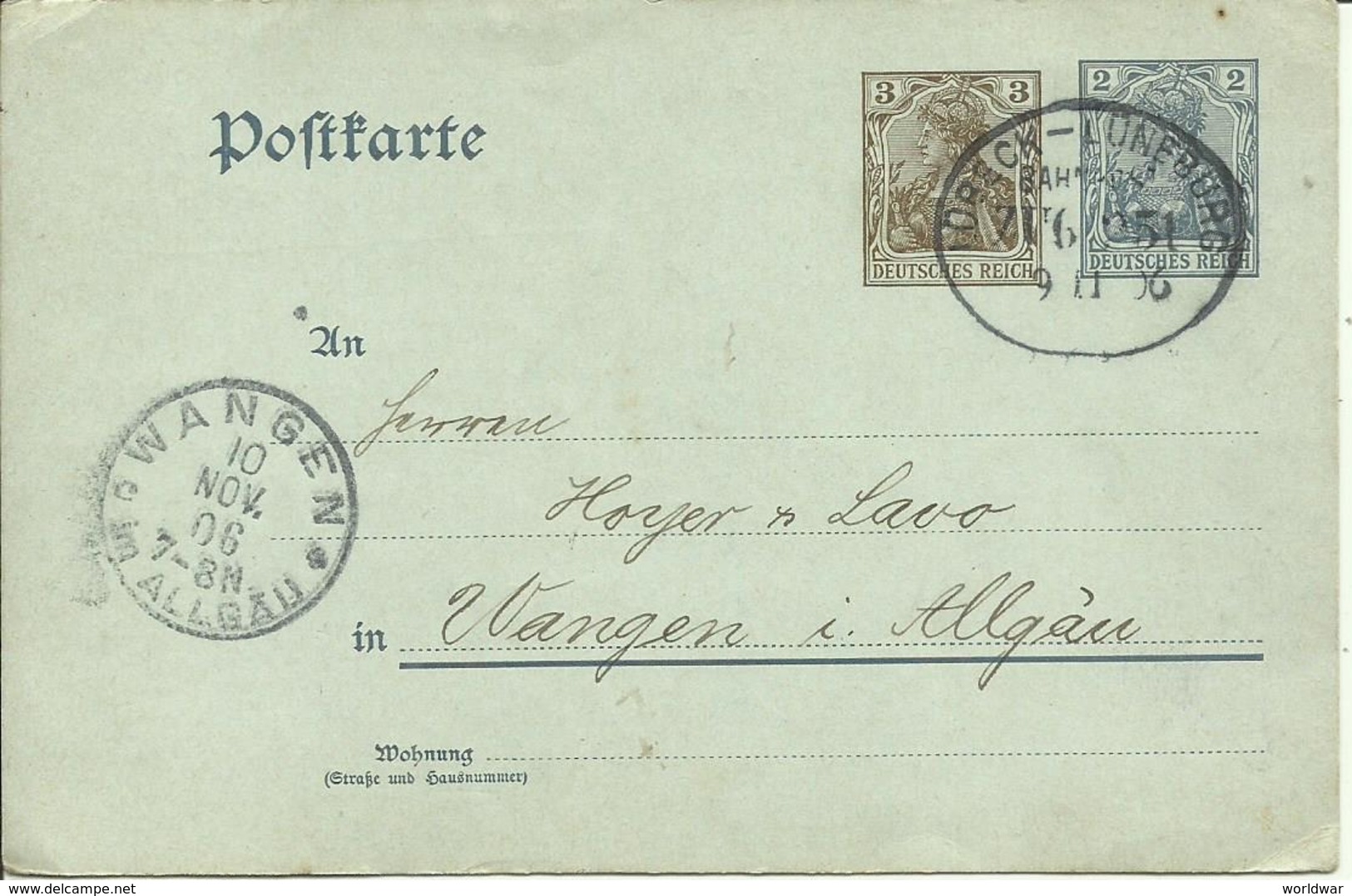 1906 Germania 2 + 3 Pf Nach Wangen  Zugstempel Lübeck-Lüneburg - Altri & Non Classificati