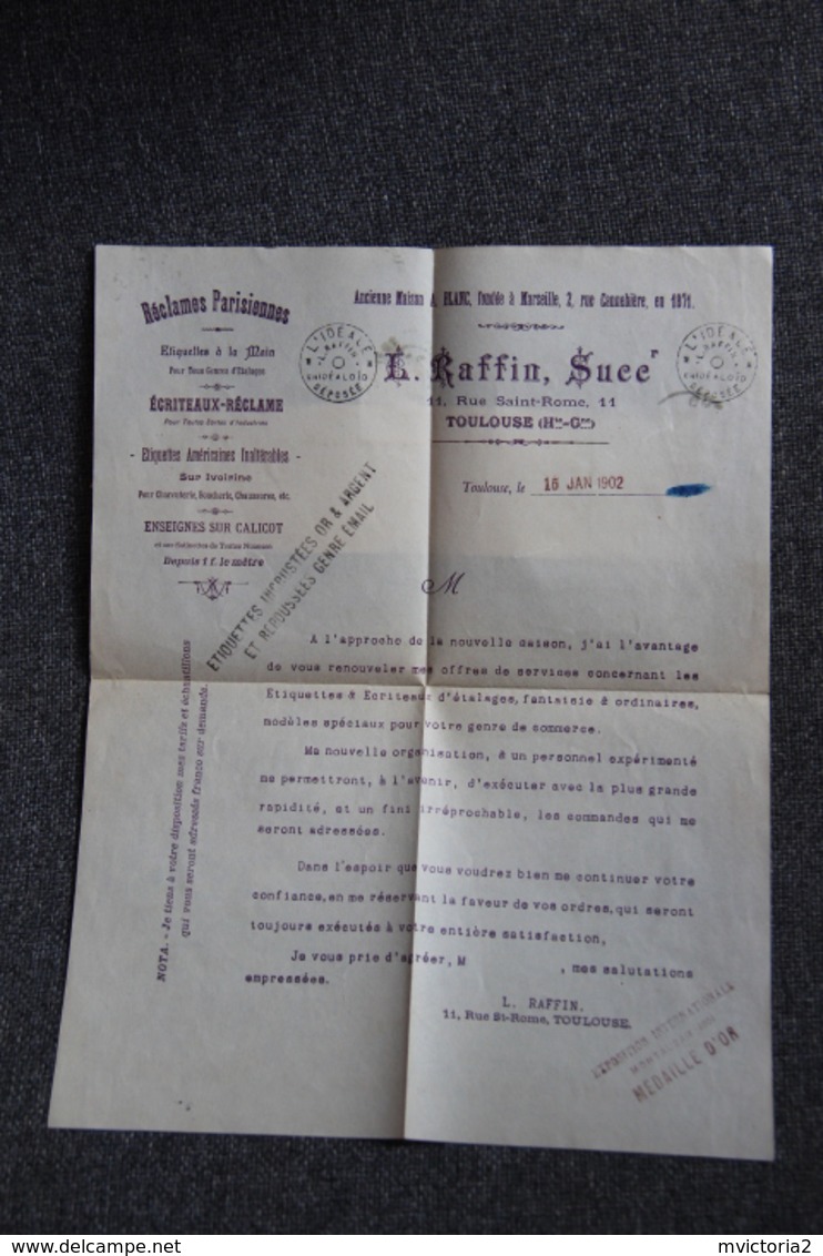 Lettre Commerciale - TOULOUSE, L.RAFFIN Et Successeur, Réclames Parisiennes.Etiquettes, Ecriteaux. - 1900 – 1949