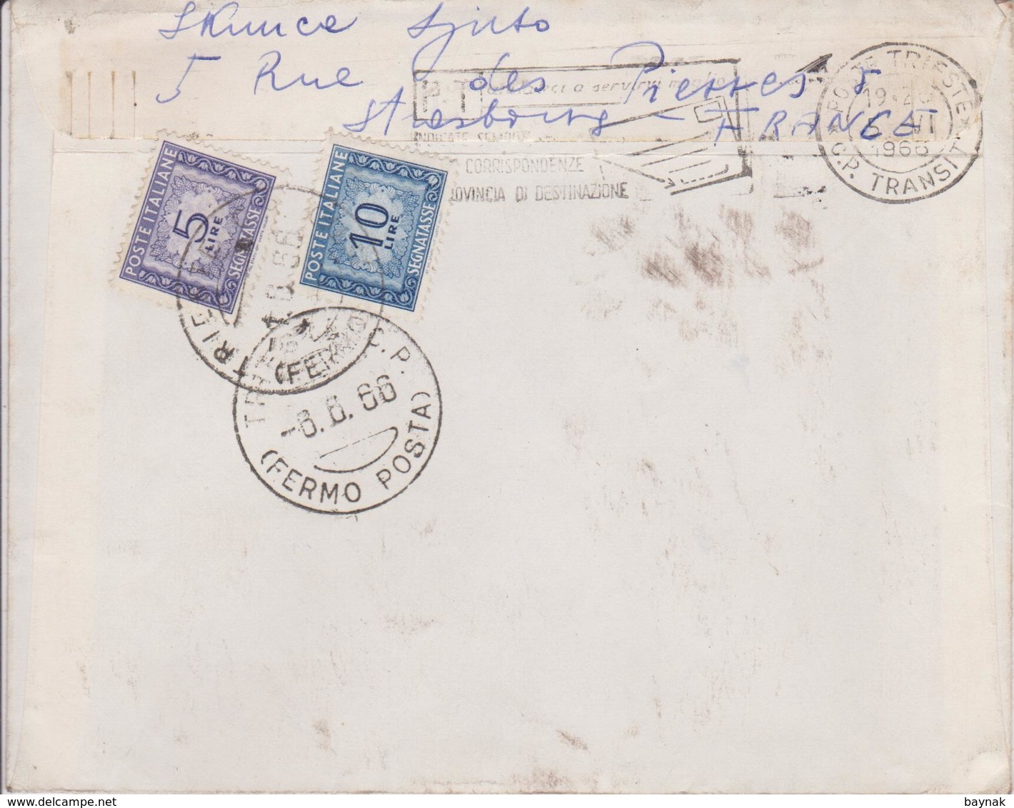 LOT  ~  4 X LETTER  WITH TAX STAMP ~  SEGNATASSE  ~-  FRANCE TO   TRIESTE  --  1966 ~  ( BRIEF MIT INHALT ) - Fiscali