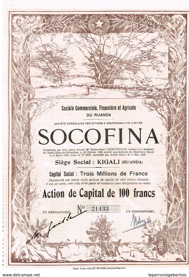 Titre Ancien - SOCOFINA -Société Financière Et Agricole Du Ruanda -Titre De 1928 - N° 21433 - VF *** - Déco - Afrika