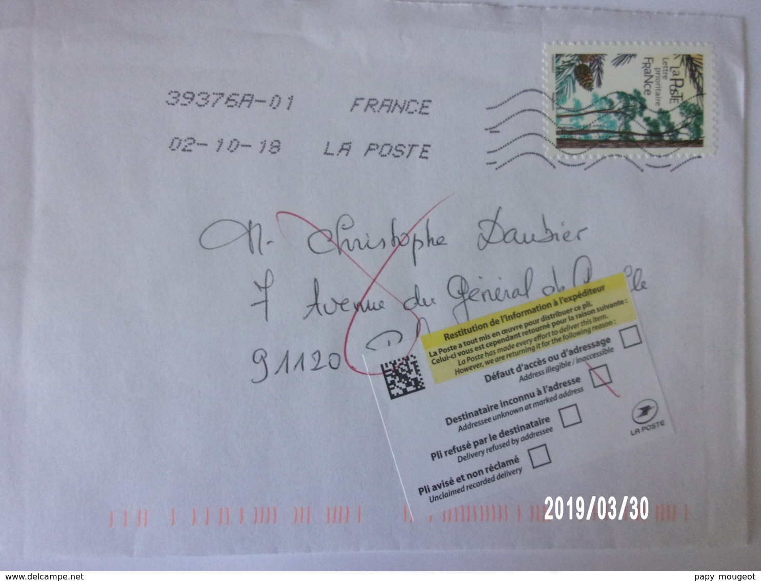 Lettre Avec Retour à L'envoyeur 2018 Lisle (24) Pour Palaiseau (91) & Retour - Lettres & Documents