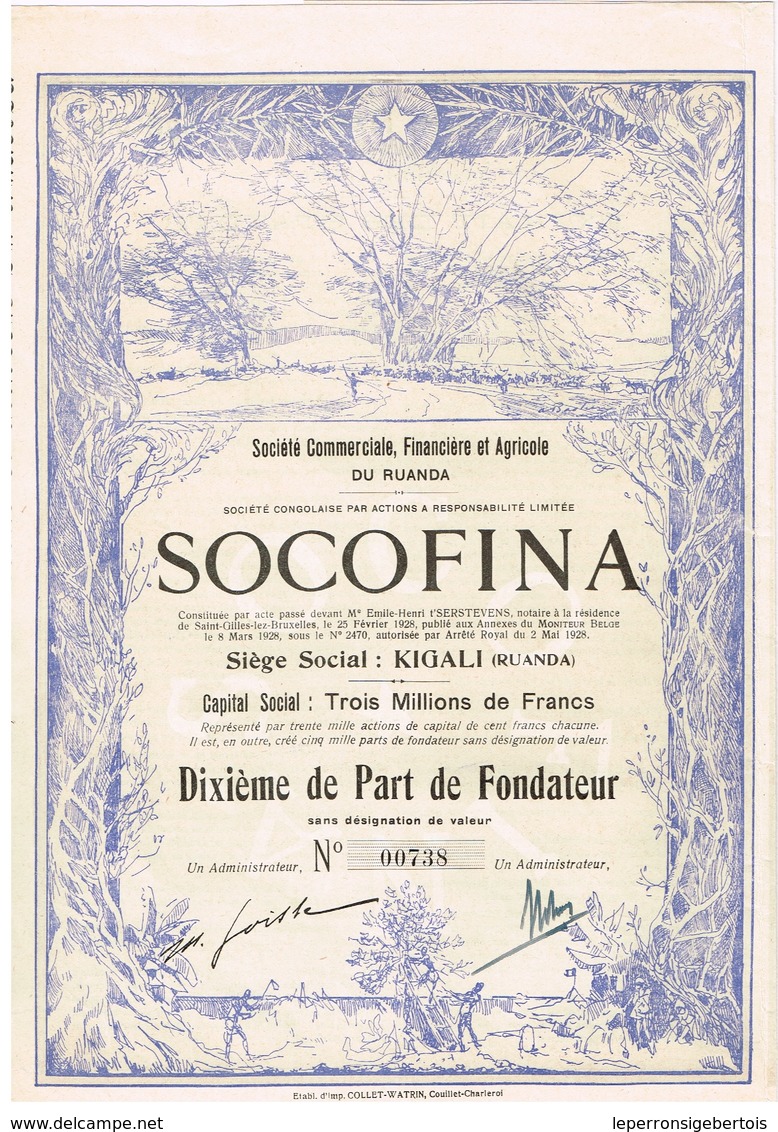 Titre Ancien - SOCOFINA -Société Financière Et Agricole Du Ruanda -Titre De 1928 - N° 00738 - VF *** - Déco - Afrique