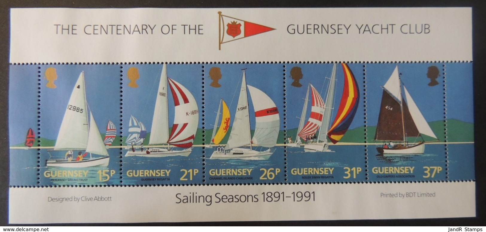 GUERNSEY 1991 YACHT CLUB CENTENARY MS529 MNH 5 VALUES SAILING SPORT - Guernsey