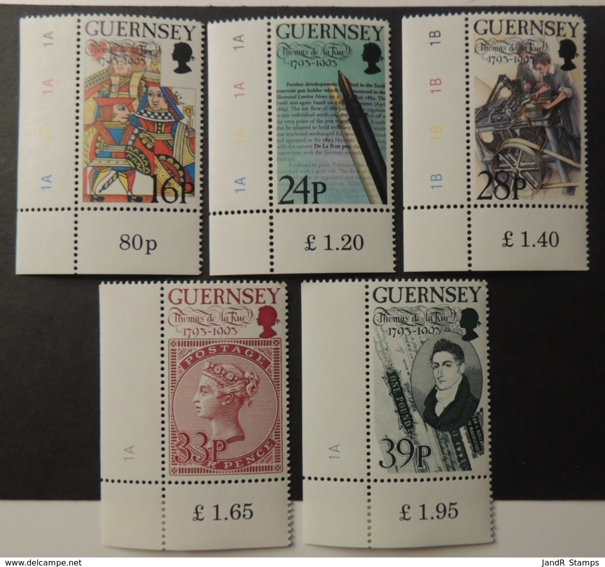 GUERNSEY 1993 BIRTH CENTENARY THOMAS DE LA RUE SG617-621 MNH 5 VALUES PLAYING CARDS PENS PRINTING QV STAMP - Guernsey