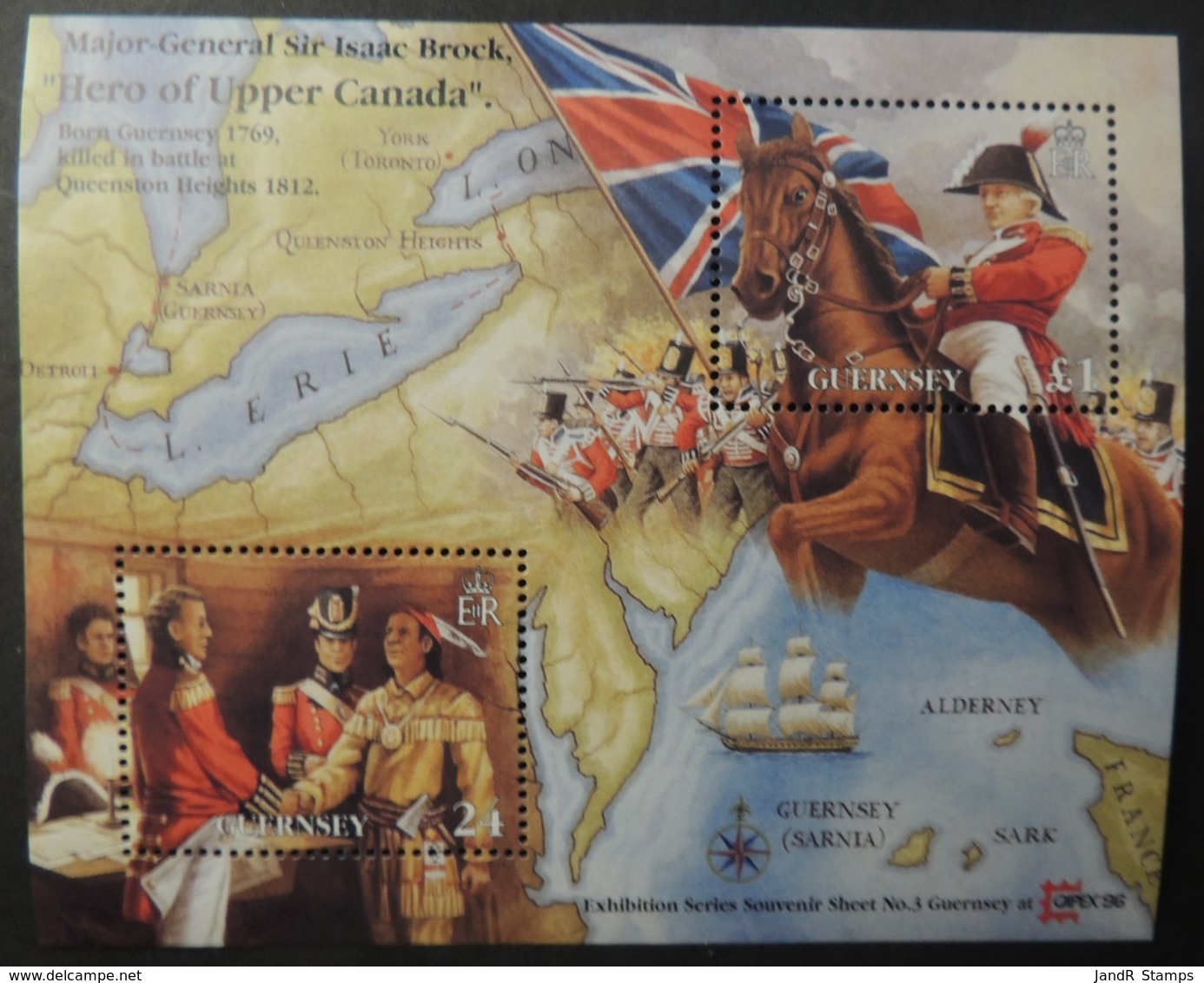 GUERNSEY 1996 CAPEX 96 STAMP EXHIBITION MS704 MINIATURE SHEET MNH 2 VALUES BROCK HORSES FLAGS INDIANS MAPS SHIPS MILITAR - Guernsey