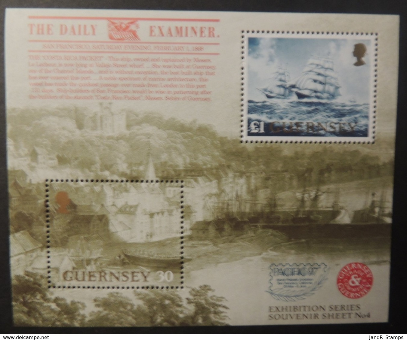 GUERNSEY 1997 PACIFIC 97 PHILATELIC STAMP EXHIBITION MINIATURE SHEET MS740 MNH 1 VALUE HARBOUR SHIPS - Guernsey
