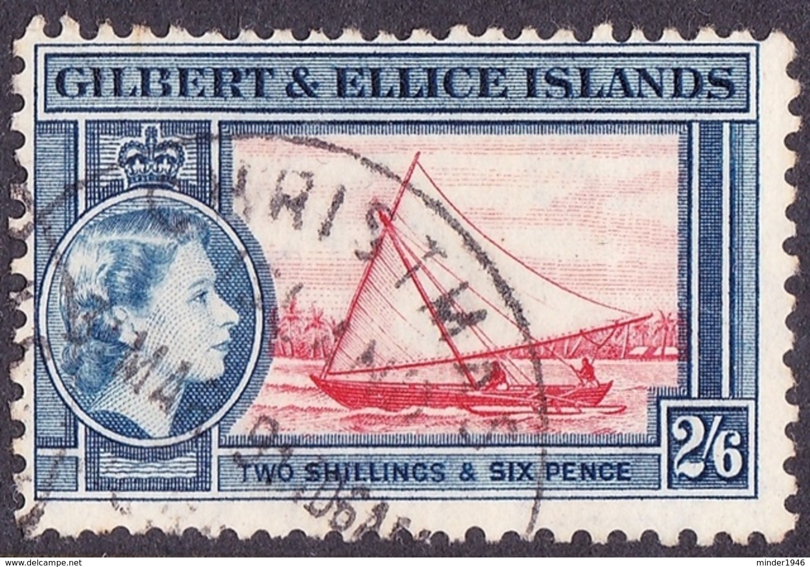 GILBERT & ELLICE ISLANDS 1956 QEII 2/6 Scarlet & Deep Blue SG73 FU - Gilbert & Ellice Islands (...-1979)