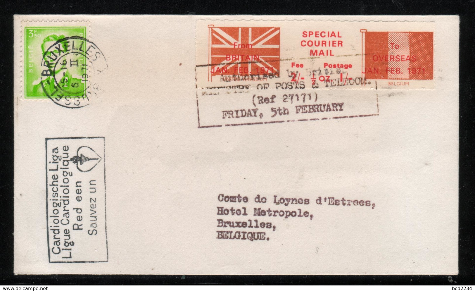 GREAT BRITAIN GB 1971 POSTAL STRIKE MAIL SPECIAL COURIER MAIL 1ST ISSUE PRE-DECIMAL COVER TO BRUSSELS BELGIUM 5 FEBRUARY - Unclassified