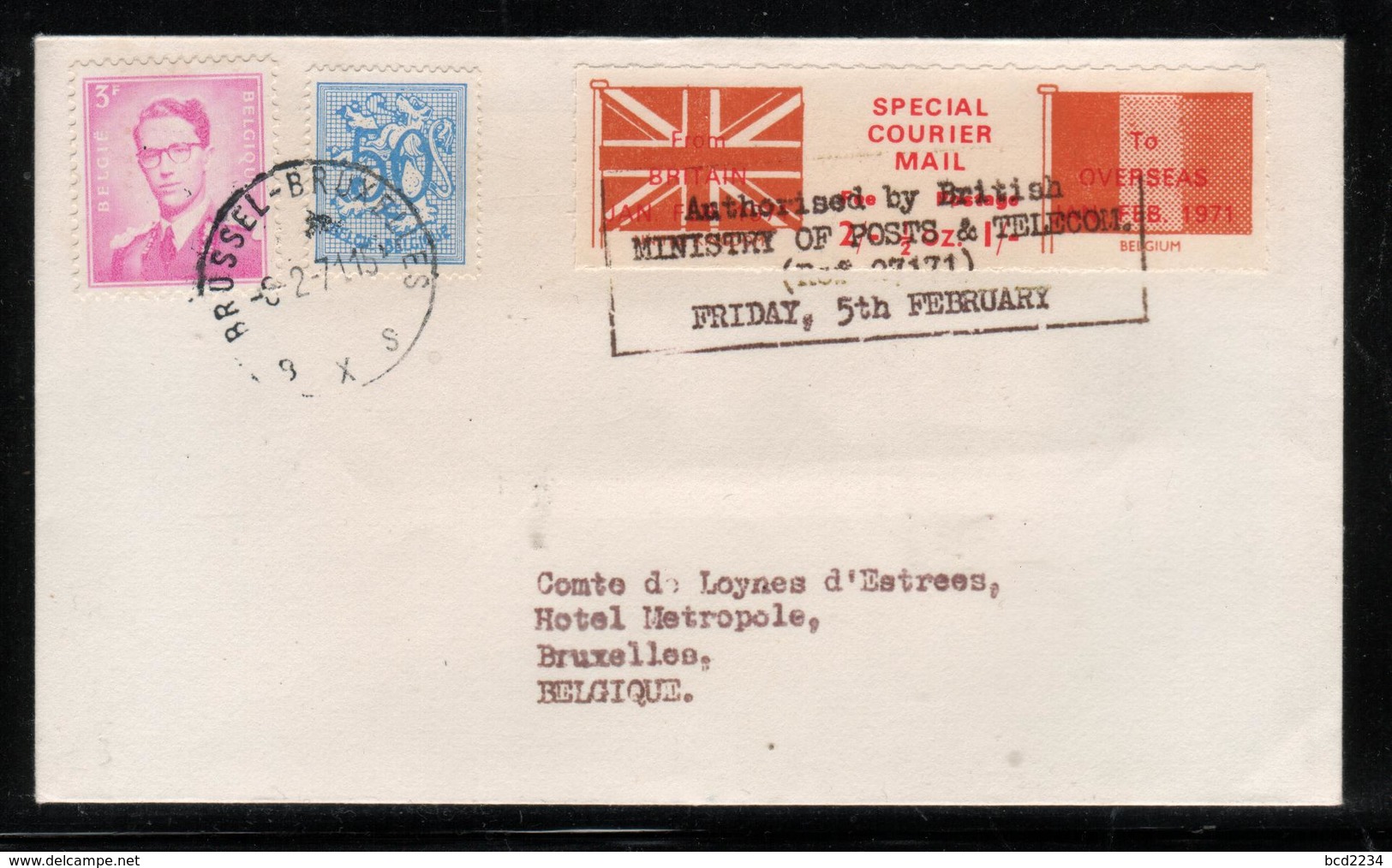 GREAT BRITAIN GB 1971 POSTAL STRIKE MAIL SPECIAL COURIER MAIL 1ST ISSUE PRE-DECIMAL COVER TO BRUSSELS BELGIUM 5 FEBRUARY - Cinderellas