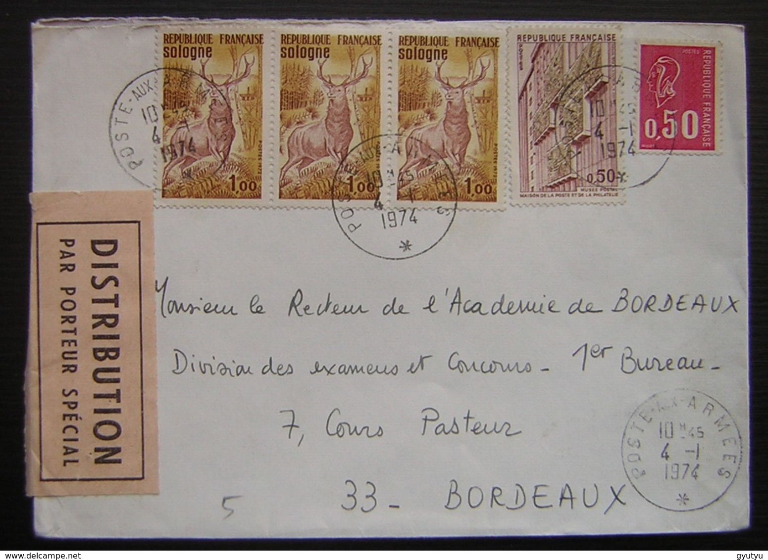 Poste Aux Armées 1974 Avec étiquette Distribution Par Porteur Spécial - Cachets Militaires A Partir De 1900 (hors Guerres)