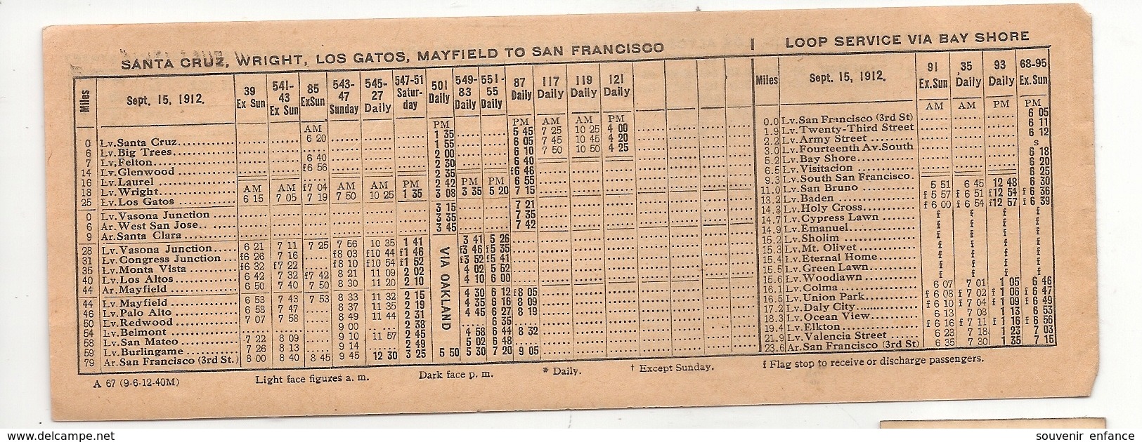 Horaire Southern Pacific Peninsula Service Francisco Easton San José Mateo Palo Alto Bay Shore 1912 Wright Etats Unis - Wereld