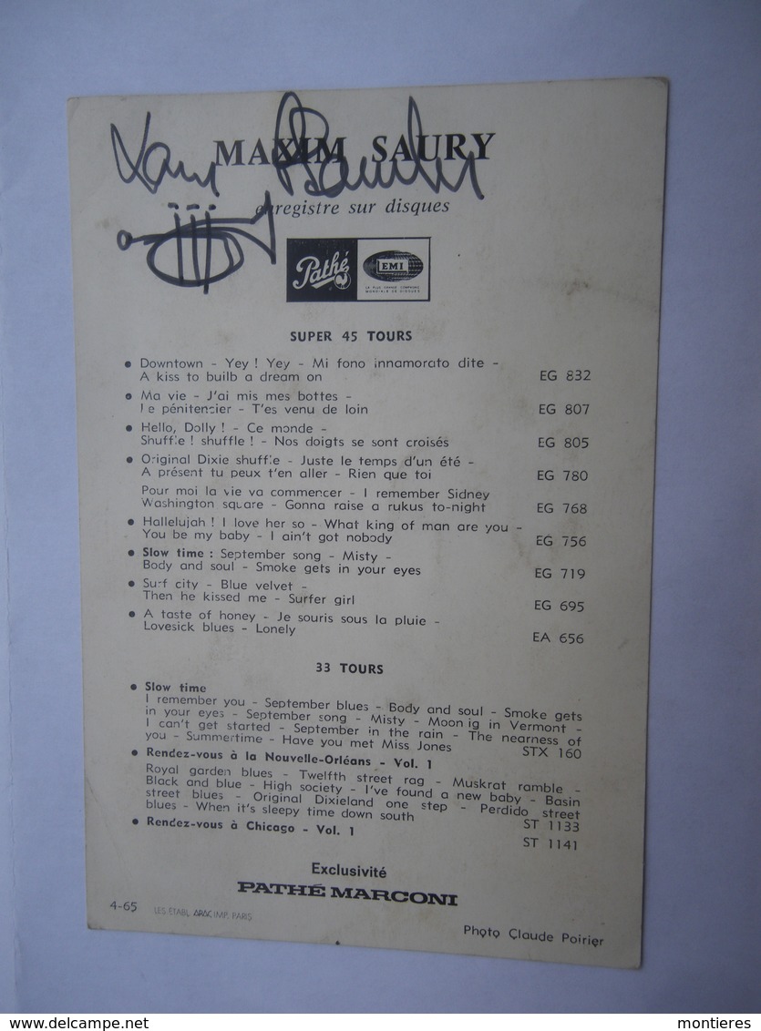 CPM Maxim SAURY Avril 1965 Dédicacée Pathé Marconi - Musicien De Jazz Né à Enghien-les-Bains - Autres & Non Classés