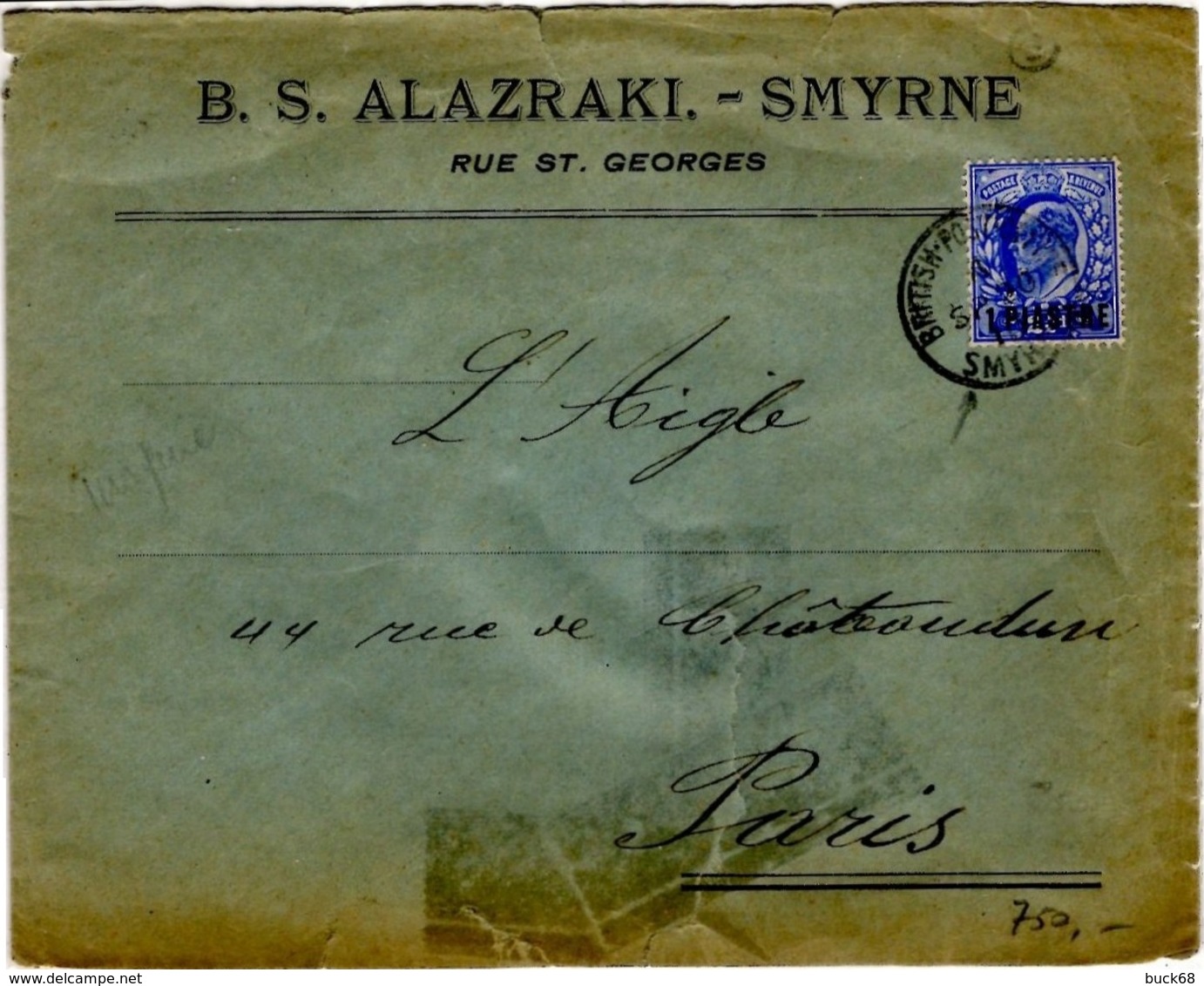LEVANT Bureau Britannique 22 (o) Letter Cover From SMYRNE To PARIS Sept 1910 Ets Alazraki British.Post.Office - Brits-Levant