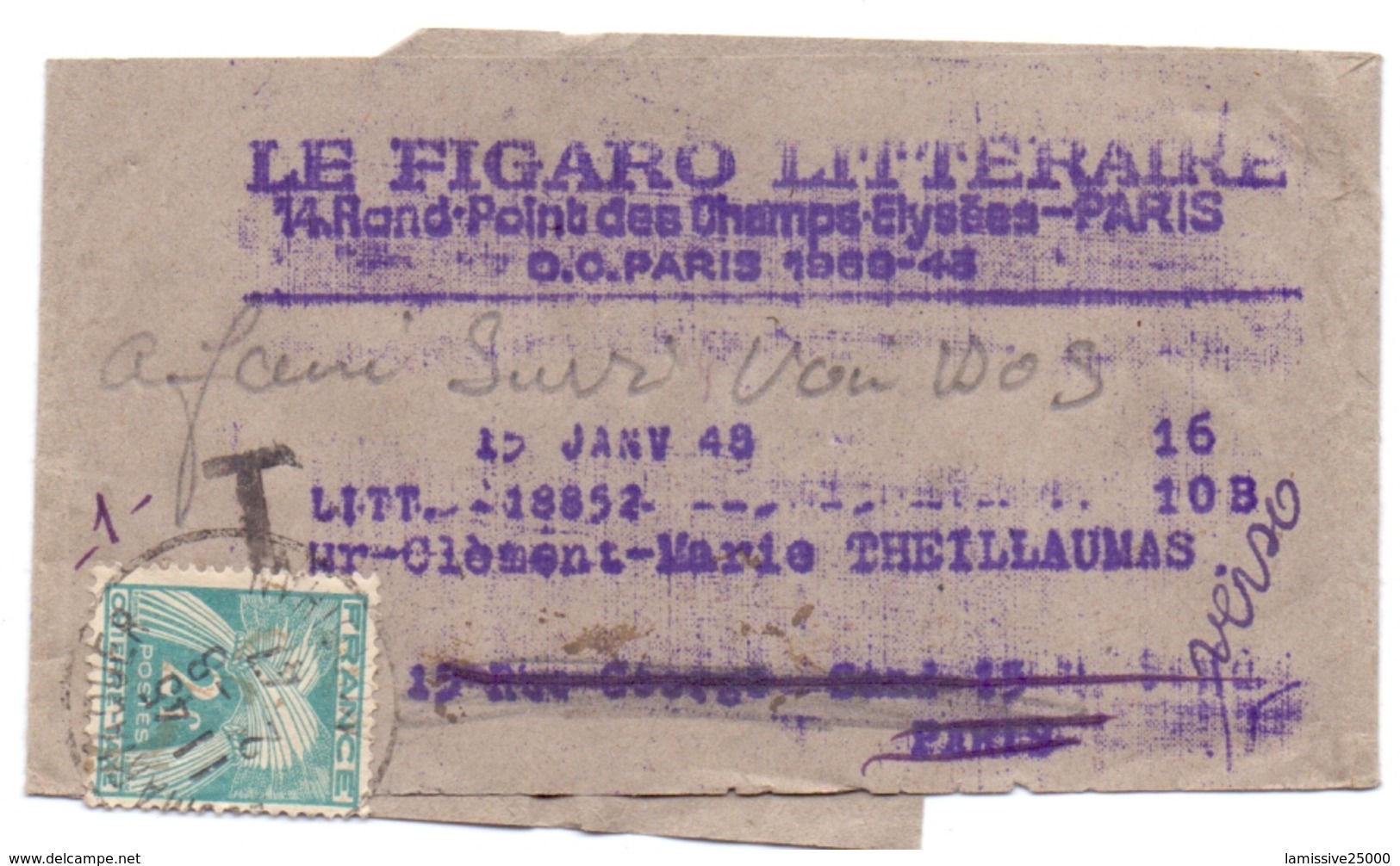 France Bande De Journal Avec Journal Dispensé Du Timbrage 1948 Avec Taxe A 2,00 Fr Pour La Reexpedition - 1921-1960: Periodo Moderno