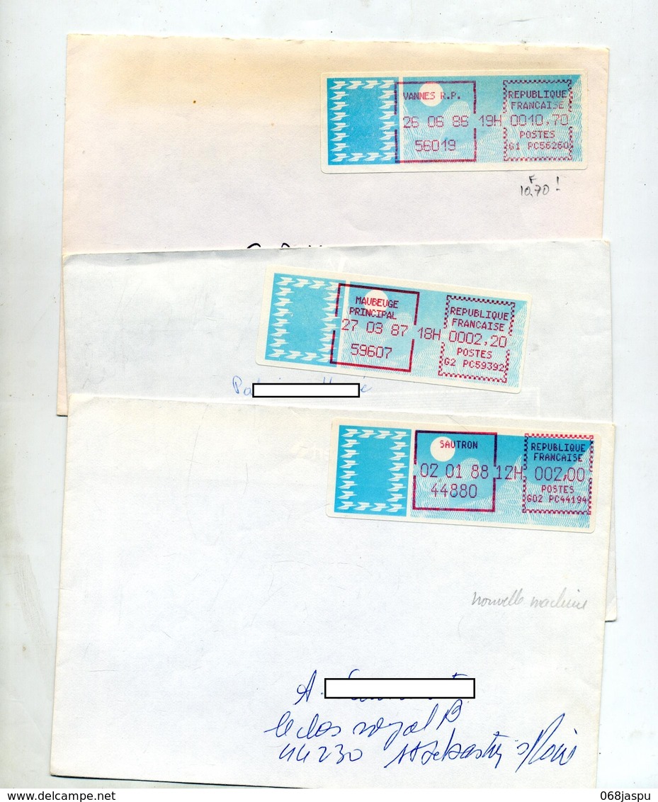 3 Lettre Vignette Sautron; Maubeuge; Vannes - 1985 « Carrier » Paper