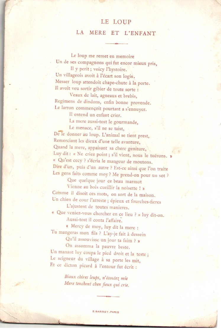 Grand Chromo AU BON MARCHE, Format 148x222mm - LA FONTAINE : Le Loup, La Mère Et L'enfant - Scans Recto-verso - Au Bon Marché