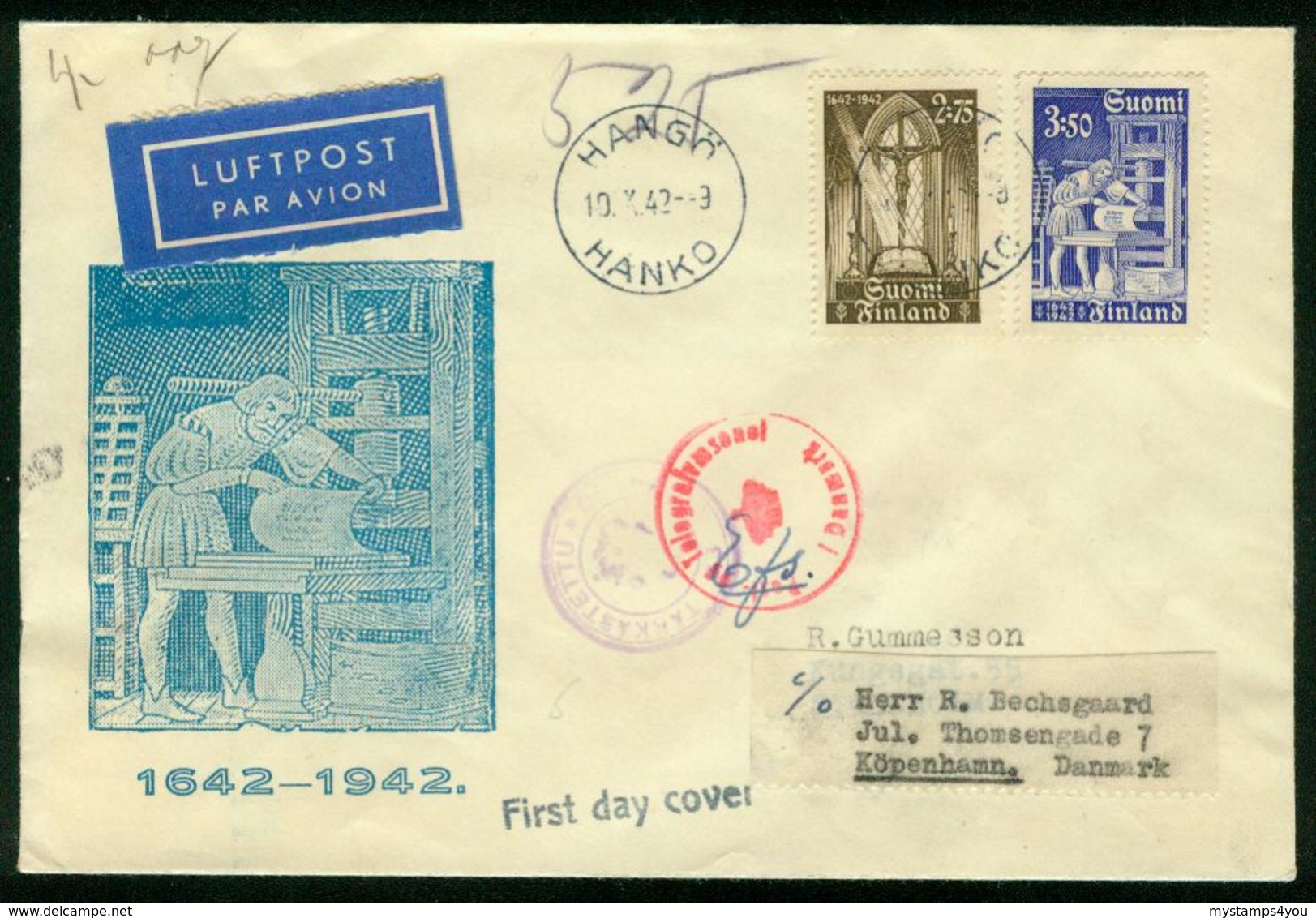 FD Finnland FDC 1942 | MiNr 267-268 | Bibelausgabe In Finnischer Sprache, Gelaufen Als Luftpost Brief Nach Dänemark - Storia Postale